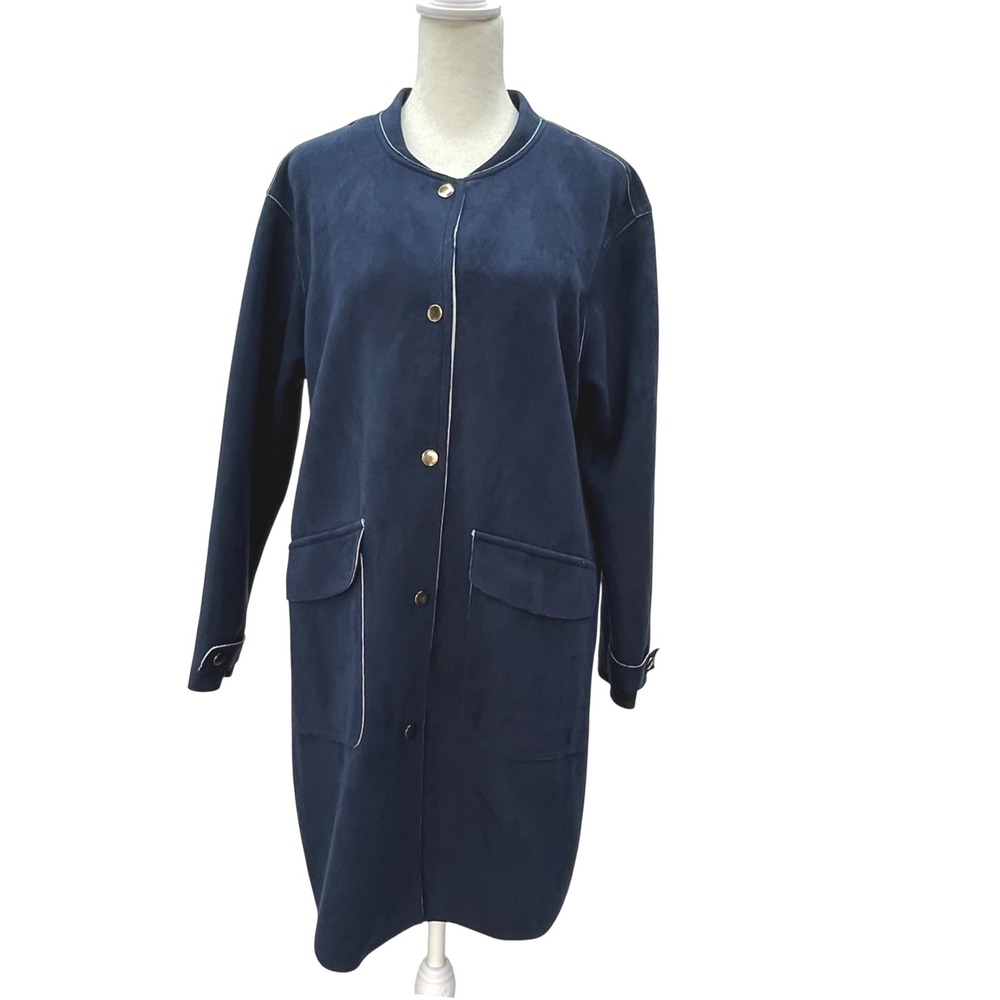 Luii Anthropology Navy Blue Duster Coat Womens S Long Sleeve Pockets Microfiber